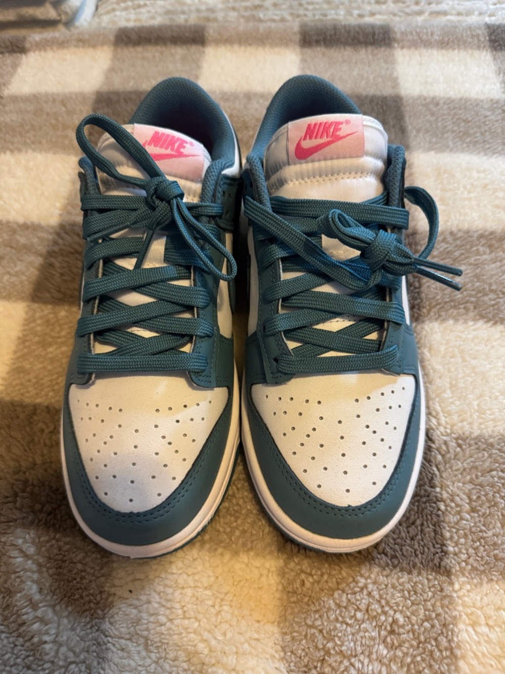 Nike Women’s Teal and White Low-Top Sneakers with Pink Logo 7.5